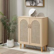 Arched Rattan Shoe Cabinet with 2 Doors in modern bohemian style for stylish entryway storage.