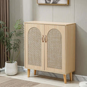 Arched Rattan Shoe Cabinet with 2 doors in a stylish entryway, featuring a minimalist design and natural tones.