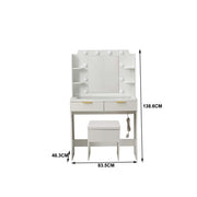 Dressing Table with Mirror featuring LED lights, storage shelves, and included stool for convenient makeup application.