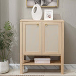 Stylish Boho Rattan Storage Cabinet with two doors and open shelf, perfect for living room decor.