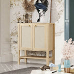 Boho Rattan Storage Cabinet with beige doors and elegant design in a stylish living room setting.