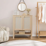 Boho Rattan Storage Cabinet with sleek design and neutral colors in a modern living space.