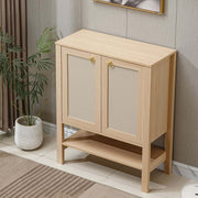 Boho Rattan Storage Cabinet with two doors and open shelf, perfect for living room, kitchen, or entryway organization.