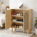 Arched Rattan Shoe Cabinet with 2 doors displaying organized shoes in a stylish entryway setting.