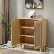 Arched Rattan Shoe Cabinet with 2 doors, showcasing interior shelves and modern bohemian design.