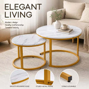 White and gold round nesting coffee tables highlighting smooth edges and metal frames