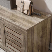 Rustic Storage Trunk Shoe Bench with purse and rustic wood finish on a stylish entryway cabinet.
