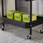 3-Tier Rolling Storage Cart with Wood Top holding Calbee Jagabee snack boxes in the lower shelf.