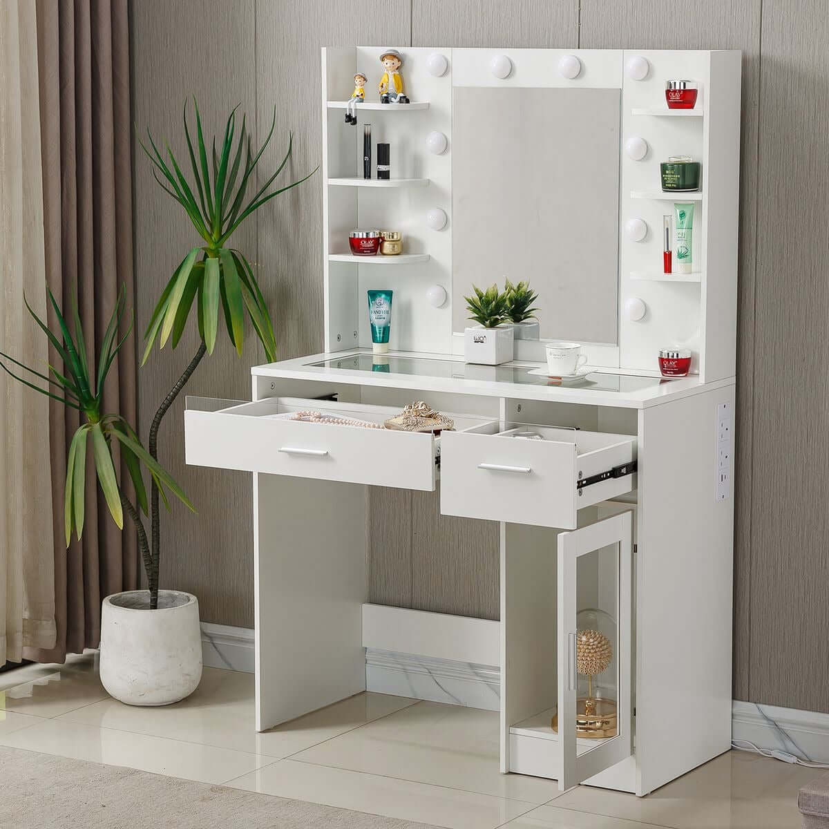 LED Vanity Desk with Charging Station & RGB Glass Top DR-17 showcasing stylish design and storage for cosmetics.