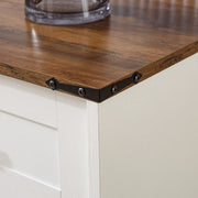 Close-up of the rustic wood top and metal corner detail of the Farmhouse Wine Bar Cabinet.