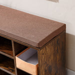Cubby Shoe Storage Bench with cushion on top and adjustable shelves in a rich wood finish.