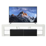Modern Floating LED TV Stand showcasing a sleek design with a large TV and contrasting black and white finish.