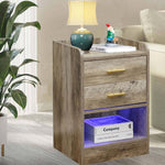Modern LED Pedestal with Open Shelf - Set of 2 featuring wood-grain finish and USB LED light strip.