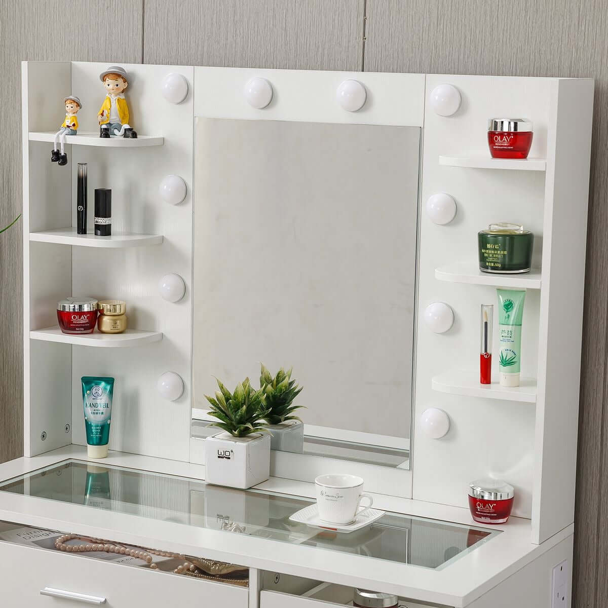LED Vanity Desk featuring a stylish mirror, multiple shelves for cosmetics, and integrated lighting.