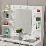 LED Vanity Desk featuring a stylish mirror, multiple shelves for cosmetics, and integrated lighting.