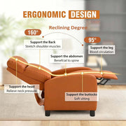 Ergonomic design features of Manual Recliner chair showcasing support for back, abdomen, legs, head, and buttocks.
