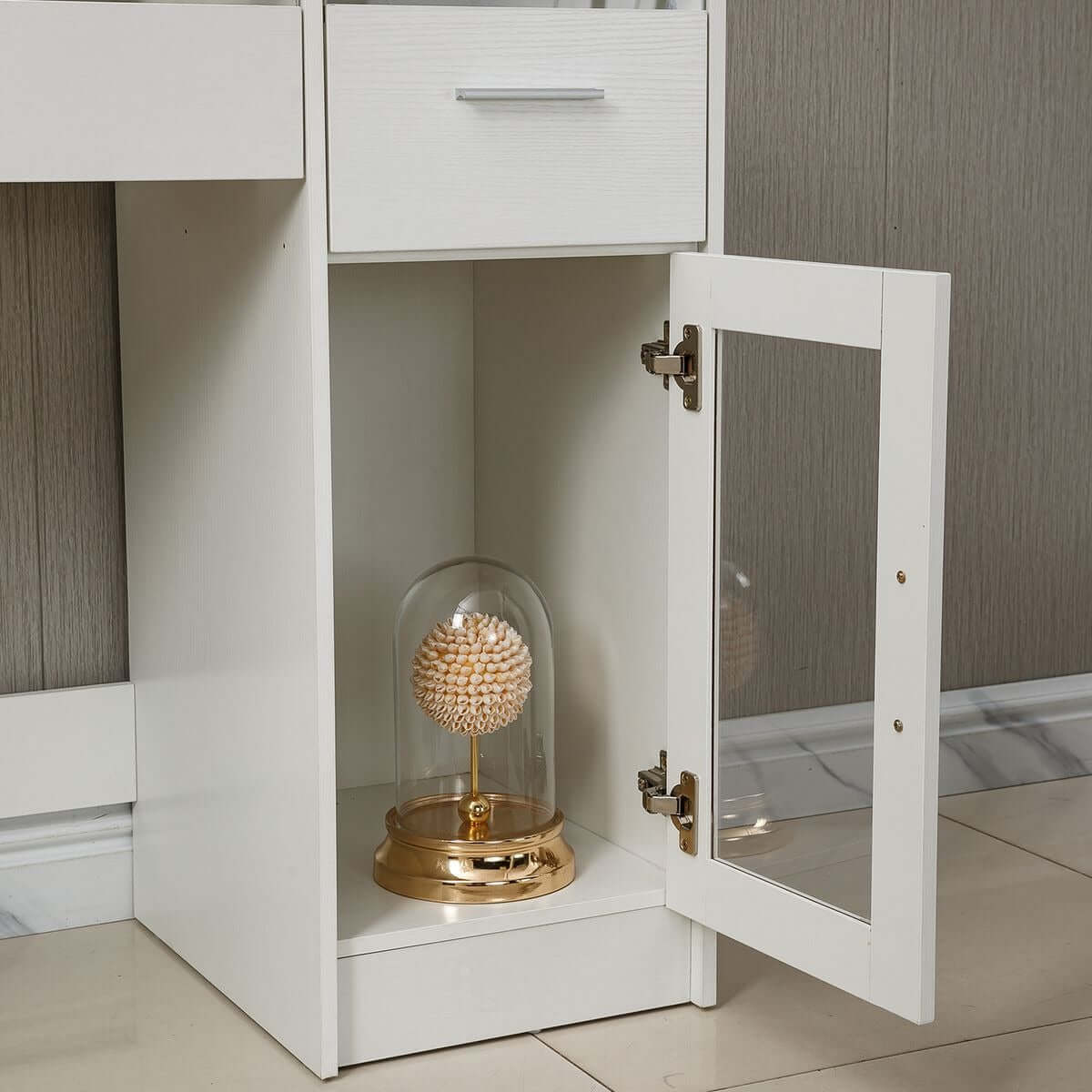 LED Vanity Desk featuring a stylish drawer and glass cabinet with decorative gold piece.