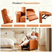 Product characteristics of a Manual Recliner chair including thicker recliner, wider armrest, retractable pedals, and metal support.