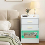 Modern LED Pedestal with open shelf and elegant design, featuring two drawers and sleek lighting in a bedroom setting.