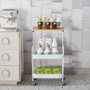 3-Tier Rolling Storage Cart with Wood Top displaying bottles and containers, ideal for kitchen organization and storage.
