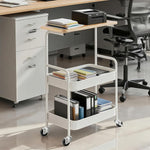 3-Tier Rolling Storage Cart with Wood Top in a modern office setting, holding files and supplies.