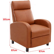 Adjustable manual recliner chair in brown leather with dimensions 101cm height, 87cm width, 67cm depth.