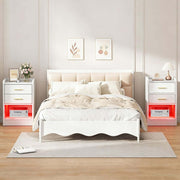 Modern LED Pedestal with Open Shelf - Set of 2 in a stylish bedroom setting with ambient lighting.