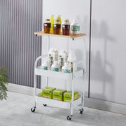 3-Tier Rolling Storage Cart with Wood Top holding drinks and beverages, perfect for kitchen or storage organization.