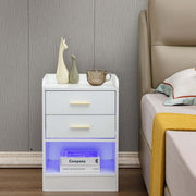 Modern LED Pedestal with open shelf showcasing decor and illuminated design in a stylish bedroom setting.