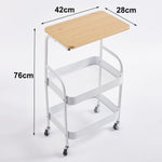 3-Tier Rolling Storage Cart with Wood Top dimensions shown, featuring a wooden surface and white mesh baskets.