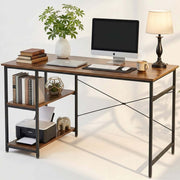 Burningwood home office desk with two-tier storage shelves styled with monitor, books and lamp