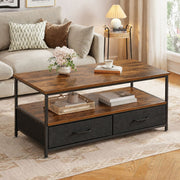 Rustic coffee table with two fabric drawers and open storage