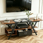 Living room TV stand with open shelves for decoder soundbar and gaming console