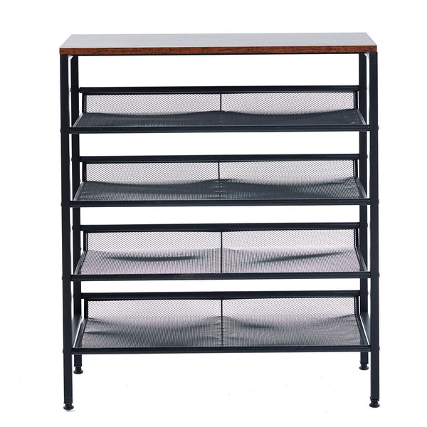 5-Tier Industrial Shoe Rack with Rustic Wood Top