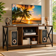 Industrial TV stand with MDF wood top and iron X-frame construction