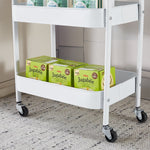 3-Tier Rolling Storage Cart with Wood Top, featuring snacks on the bottom shelf and strong rolling wheels for easy mobility.