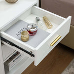 Modern LED Pedestal drawer showcasing skincare products and magazine, highlighting organized storage solution.