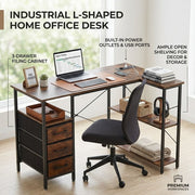 L-Shaped Desk with Power Outlets & Drawers