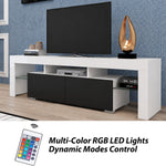 White and black TV stand with RGB remote control and blue lighting