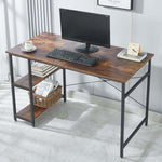 Rustic brown computer desk with monitor, open shelves and black metal frame in a home office
