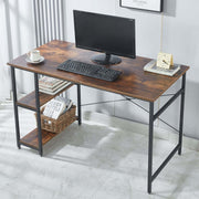 Rustic brown computer desk with monitor, open shelves and black metal frame in a home office