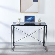 Front view of black 100cm study desk with laptop and cross-braced metal frame