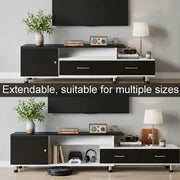 Black and white extendable TV stand shown at two lengths for different TV sizes