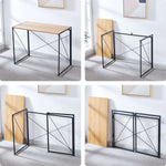 Four-step setup guide for the Grey Wood folding computer desk and metal frame