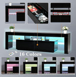 Black TV stand lighting options showing 16 RGB colours and storage features