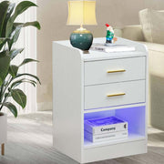 Modern LED Pedestal with open shelf showcasing two drawers and LED lighting, perfect for modern bedroom decor.