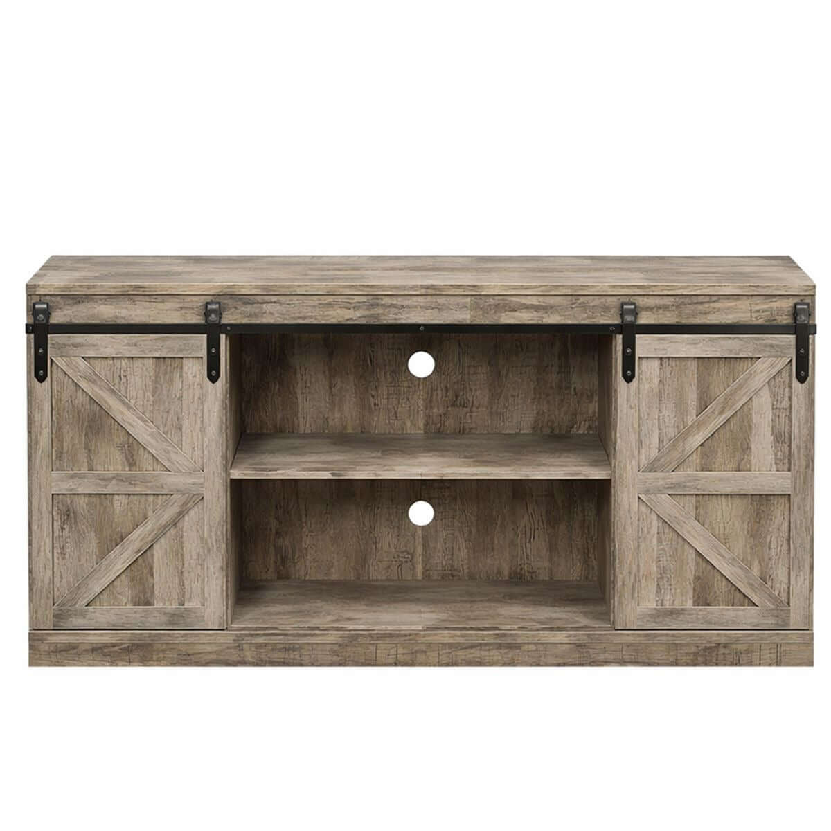 Farmhouse Sliding TV Stand featuring rustic wood design and sliding barn doors, ideal for stylish media storage.