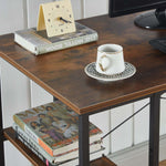 Close-up of rustic brown desk surface, edge finish and lower storage shelf