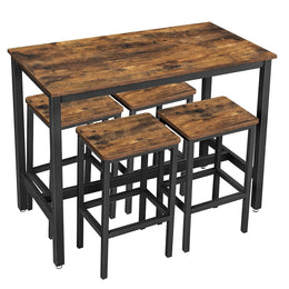 Bar Table and Stools Set featuring rustic industrial design with wooden tabletop and sturdy black metal frame.