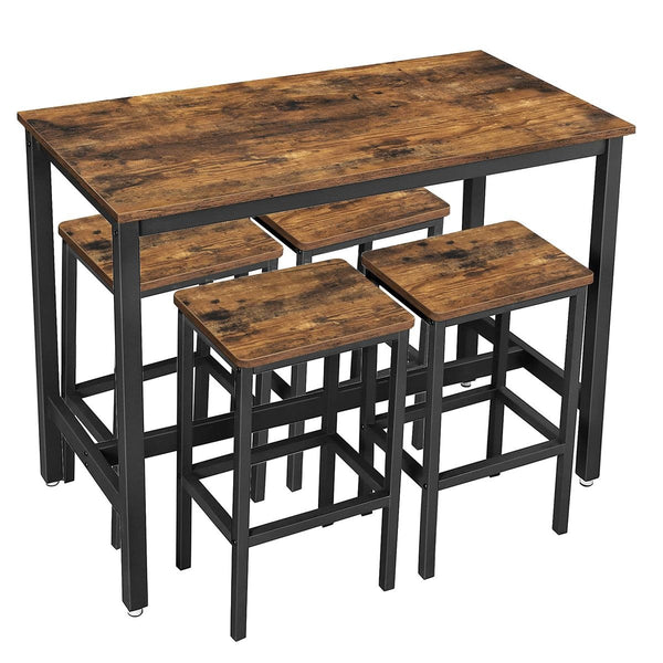 Bar Table and Stools Set featuring rustic industrial design with wooden tabletop and sturdy black metal frame.